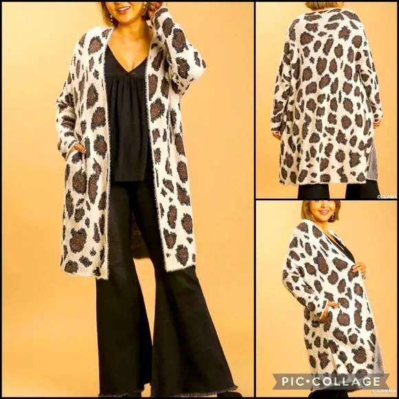 Umgee Fuzzy Eyelash Leopard Longline Open Front Cardi Cardigan Sweater - Picture 2 of 13